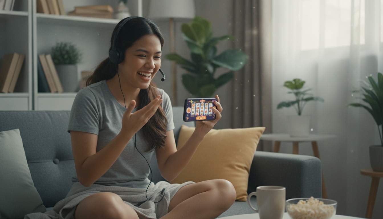 A woman enjoying online slots in a cozy setting